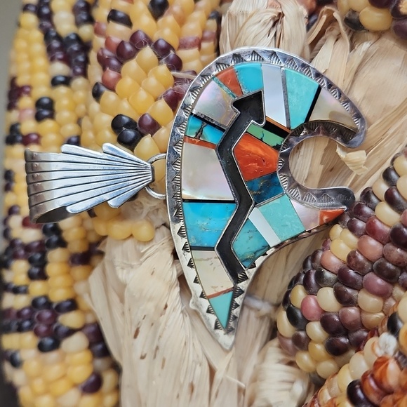 Vintage Native American Navajo Vintage Inlaid Bear Pendant by Danny Clark 💙🐻 - Picture 12 of 13